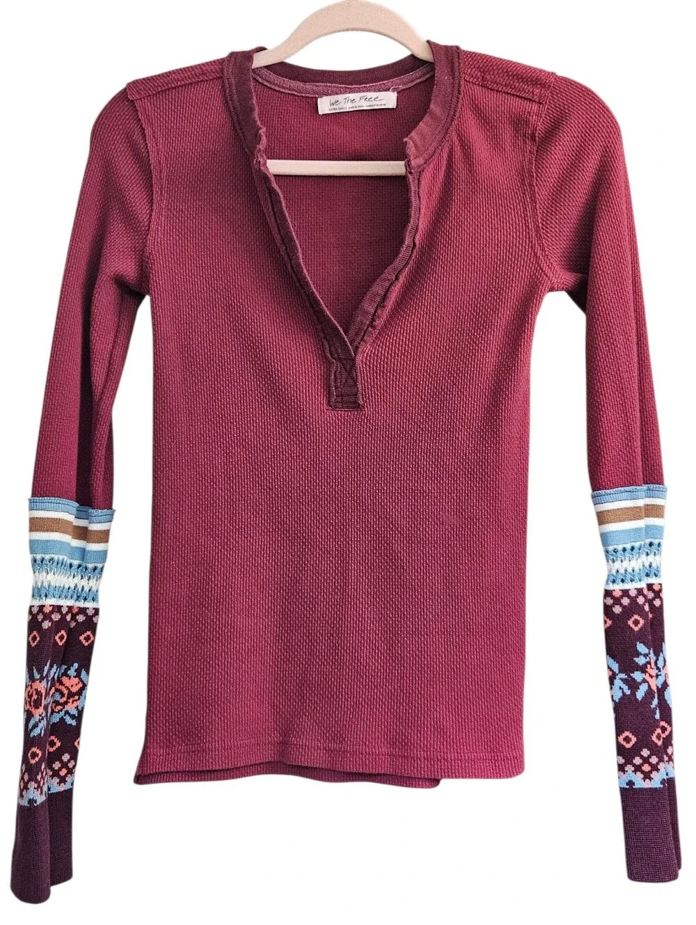 Free People Mikah Notch V Neck Long Sleeve Thermal with Patterned Cuff XS